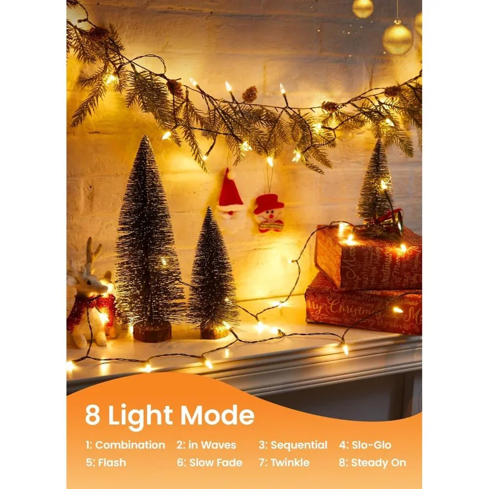 Christmas Mini Lights 39ft with 100 Clear Bulbs & 8 Modes - Waterproof Design
